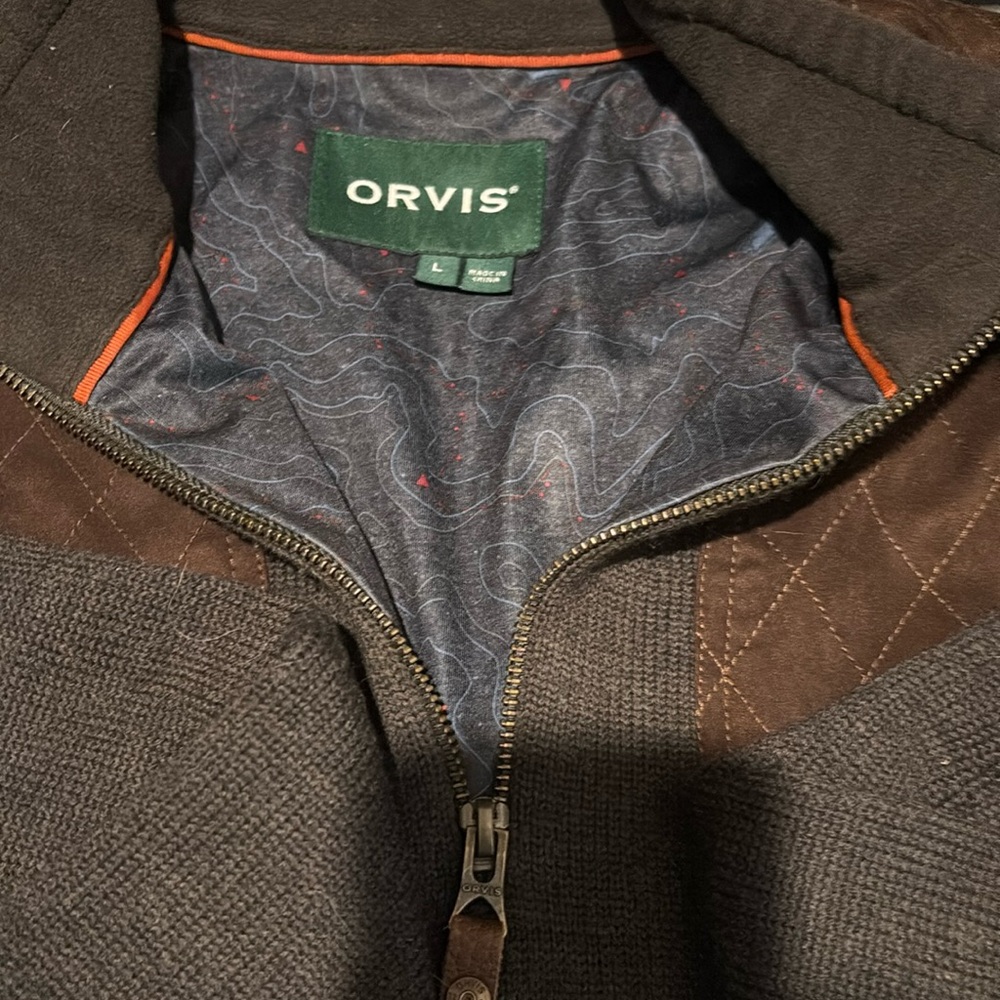 Orvis, large, olive green, merino wool, foul weather, quarter zip sweater